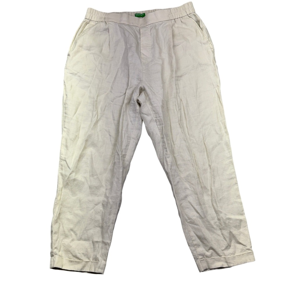 United Colors of Benetton Pure Linen Pants Womens XL Elastic Waist Crop Fits 32"